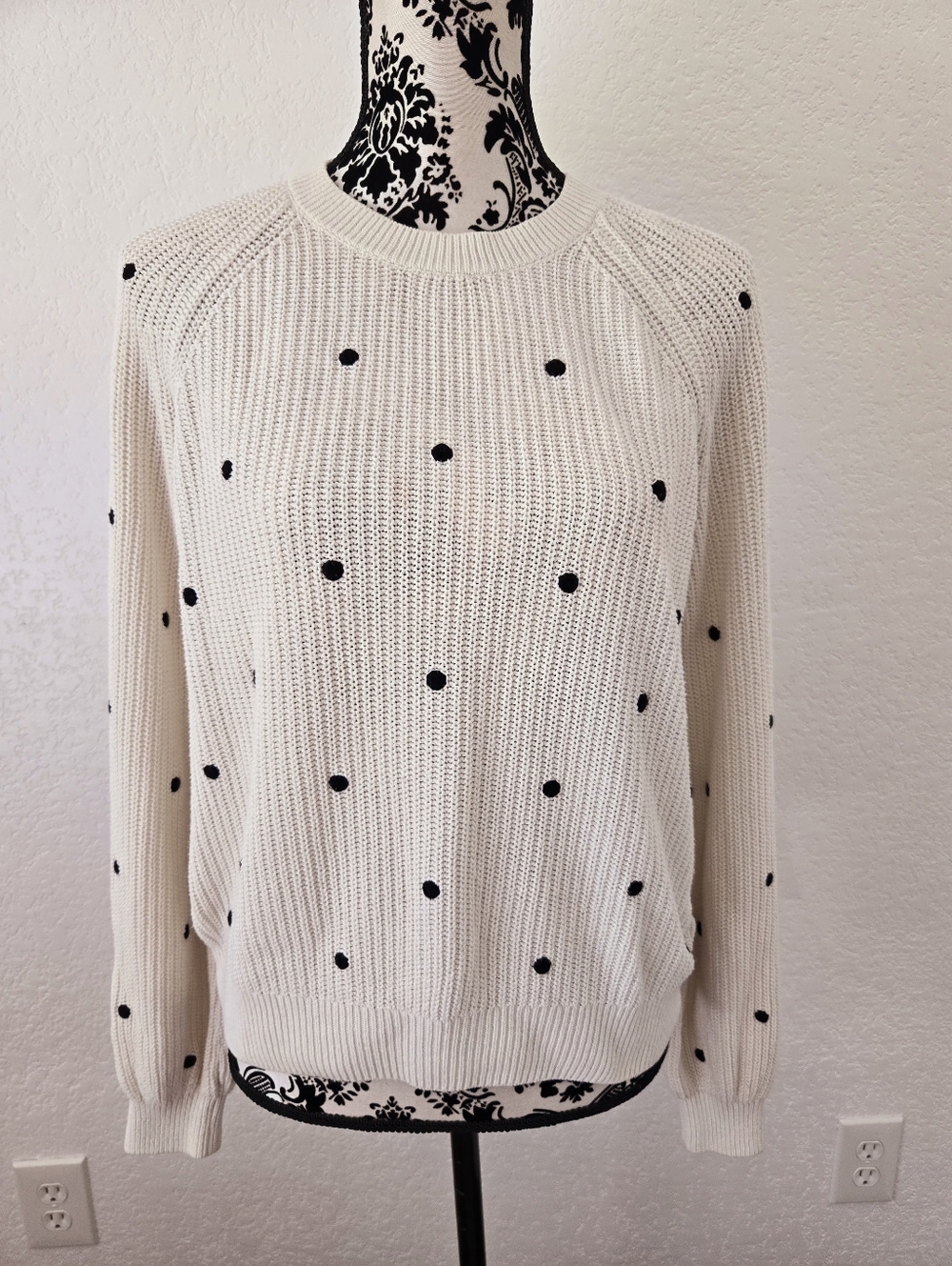 Lucky Brand Cream Crewneck Sweater with Black Polka Dots
